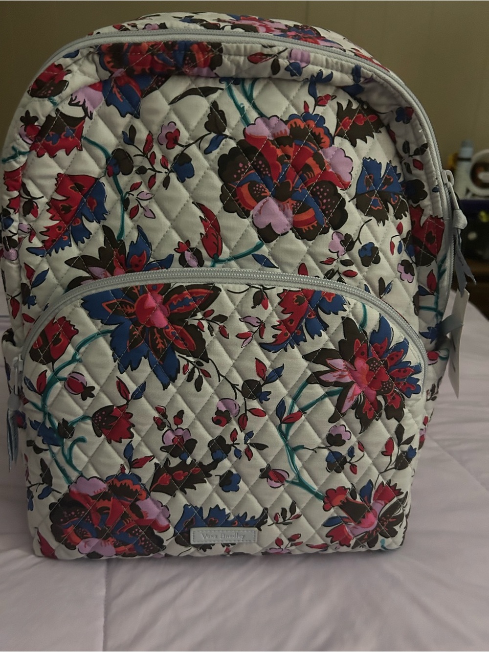 Vera Bradley Cream Quilted Backpack with Pink, Red and Blue Floral Print